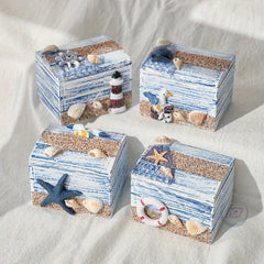 YICKYUE - 4pcs Mediterranean Wooden Storage Box Jewellery Organiser Small Wooden Box From Ocean for Beach-Themed Displays Home Decoration