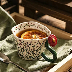 YICKYUE - Floral Pattern Ceramic Mug Creative Handle Latte Coffee Cup Milk Cup Breakfast Oatmeal Cup Tea Cups Household Beverage Utensil