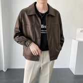 Hearujoy 2024 Men's Loose Pu Leather Jackets Casual Handsome Leather Coats Black/Brown High Quality Popular Outerwear M-2