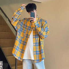 HEARUJOY - Casual Yellow Plaid Long-sleeved Lapel Shirt Versatile Loose Jacket for Men and Women Couples