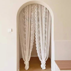 YICKYUE - New French Lace Door Curtain Bedroom Partition Kitchen Small Fresh Decoration Gauze Curtain Pastoral Style No Drilling Required