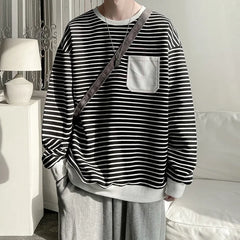 HEARUJOY - Loose round Neck T-Shirt Men's Casual Stripe White Fashionable Korean Style Autumn Top for Men Comfortable Sweatshirt
