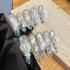 YICKYUE - White Long Handmade Press on Nails Fish Tail Shell Sea Starfish Cat-eye Wearable Fake Nails Reusable False Nails for Women&Girls