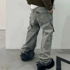 Hearujoy Multi-pockets Wide Leg Ribbons Jeans Pants for Men and Women Streetwear Baggy Denim Trousers Oversized Straight Cargos
