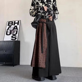 HEARUJOY - Mens Double Layer Chinese Calligraphy Splicing Irregular Culottes Genderless Waist Strap Loose Wide Leg Pants Unisex