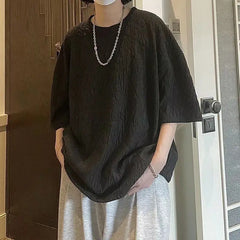 HEARUJOY - Summer New Men's Solid Color Crew Neck Pleated All-match Comfortable Fashionable Loose Half Sleeve Casual T-shirt Tops