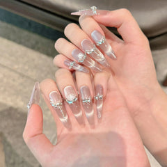 YICKYUE - Handmade Press on Nails Glitter Rhinestone Purple Cat Eye Fake Nails Full Cover Wearable European Long Oval Head False Nails