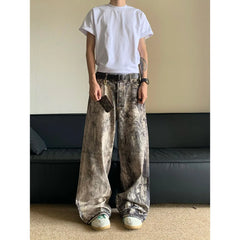 HEARUJOY - Jeans Men Floor Length Pant Denim Pants Camouflage Print Loose Casual Straight Trousers Pocket Splice Autumn Winter New
