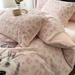 YICKYUE - Pink Leopard Print Cute Cat Embroidery Velvet Warm Winter Bedding Set Duvet Cover Bed Sheet/Fitted Sheet Pillowcases 3/4Pcs