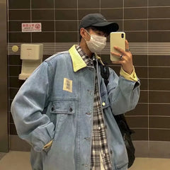 HEARUJOY - Retro Lapel Denim Jacket Men Jean Jackets Streetwear Turn Down Collar Denim Coats Cotton Casual Black Blue Coats Man Clothing