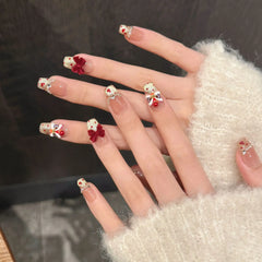 YICKYUE - Handmade New Year Press on Nails Shiny Gold Powder Lucky Lion False Nails Wearable Full Cover French Cat Eye Fake Nail Tips