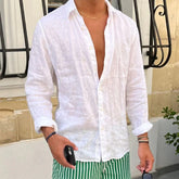 HEARUJOY - Men Seaside Beach Vintage Solid Cardigans Top Spring New Casual Linen Shirts Mens Long Sleeve Button-up Turn-down Collar Shirt