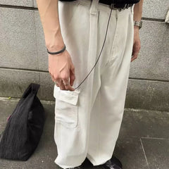 HEARUJOY - Big Pocket White Mens Cargo Pants Loose Straight Tube High Street Trousers Solid Simplicity Trend Wide Legs Overalls