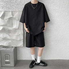 Hearujoy 8XL-M Men Casual Sports Set Trendy Men's Glitter Short Sleeve Tshirts+Shorts Fashionable Clothes Oversized T-shirt White/Black