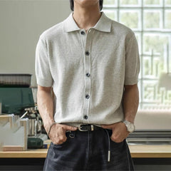HEARUJOY - Men's Solid Color Knitted Short-Sleeved Shirt American Retro Fashion Trend Loose Casual Simple Breathable Niche New Men's Tops