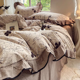 YICKYUE - 4-pcs Set with Linen Touch, Pure Polyester Material Ruffled Romantic Bow Design Girl Woman Bedroom Bedding Set Colored Flowers
