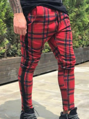 YICKYUE - Men's Casual Slim Trousers Plaid Print Fashionable Long Pants Polyester Fiber mid Waist Zipper Closure Straight Tube Pants