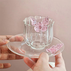 YICKYUE - Coffee Cup and Saucer Set Glass Mug Butterfly Flower Afternoon Tea Set Dessert Plate Gift Elegant Household Drinking Utensils