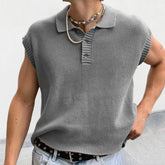 HEARUJOY - Fashion Mens Knit Polo Shirt Sleeveless Lapel Button Loose Tee Tops Spring Summer Casual Trend Polos Tshirt Men Clothing