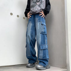 Hearujoy Vintage Patchwork Plaid Cargo Jeans Men Women Baggy Denim Trousers Streetwear Hip Hop Multi-Pockets Safari Style Casual