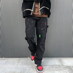 Hearujoy Streetwear Graffiti Cargo Flared Jeans Khaki Black Splash Ink Wide Leg Denim Pant Hip Hop Cargo Trousers Jean Men