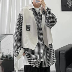 HEARUJOY - Fake Two-piece Plaid Spliced long-sleeved Shirt Loose Design Men's Casual Hong Kong Style Jacket Spring and Autumn New Style