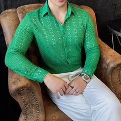 YICKYUE - Sexy Lace See-through Slim Men Shirts Autumn Spring Lapel Long Sleeve Male Dress Shirt Club Prom Stage Hollow Mens Clothing 4XL