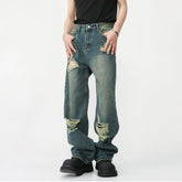 Hearujoy Ripped Jeans for Men Wide Leg Pants Hip Hop Distressed Denim Trousers Male Vintage Casual Japanese Streetwear Hippie