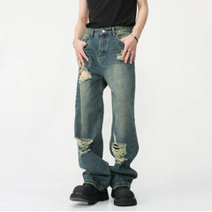 Hearujoy Ripped Jeans for Men Wide Leg Pants Hip Hop Distressed Denim Trousers Male Vintage Casual Japanese Streetwear Hippie