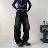 HEARUJOY - Black Baggy Jeans Men Retro Pocket Jeans Men Vintage Trousers Streetwear Hip-hop Loose Wide Leg Jeans Mens Denim Cargo Pants