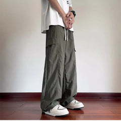 HEARUJOY - Ice Silk Workwear New Summer Casual Straight Loose Trendy Pocket Zipper Men's Casual Long Pants