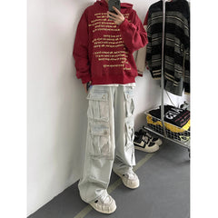 Hearujoy Light Blue Cargo Jeans Men's Patchwork Straight Casual Trousers Men Muti-pockets Hip Hop Streetwear Loose Fashion Pants