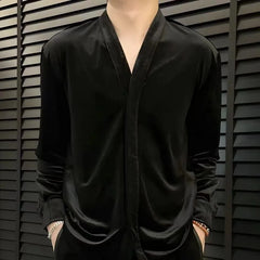 YICKYUE - Retro Velvet Shirt For Men Spring Autumn V-neck Long Sleeve Versatile Top Fashion Light Luxury Vintage Mature Shirts Streetwear
