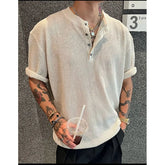 YICKYUE - Summer Solid Color Henley Neck Short Sleeve T-Shirt Men's Breathable Cotton Crew Neck Casual Tee Regular Fit Clothing XXL