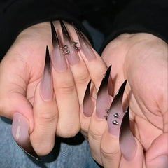 YICKYUE - 10PCS of ultra-long pointed artificial nails, in black gradient color with metallic pointed decorations on the surface.