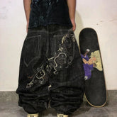 Hearujoy American Harajuku Gothic Embroidered Loose Jeans Men's Street Hip-hop Retro Trousers Casual Straight Black Wide-leg Pants