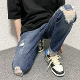 Hearujoy Spring/Summer Loose Jeans Men's Straight Vintage Broken Jeans Street Boys Hip-hop Slim Fit Cropped Pants Light Blue