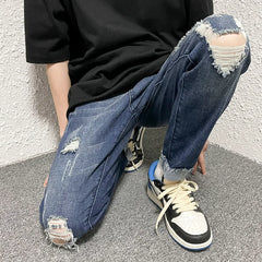 Hearujoy Spring/Summer Loose Jeans Men's Straight Vintage Broken Jeans Street Boys Hip-hop Slim Fit Cropped Pants Light Blue