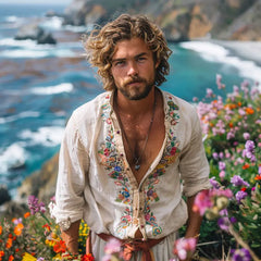 HEARUJOY - Men Open Collar Embroidery Long Sleeved Shirt Top Ethnic Style Retro Cotton Shirt High Quality Fashion Vintage Shirt Streetwear