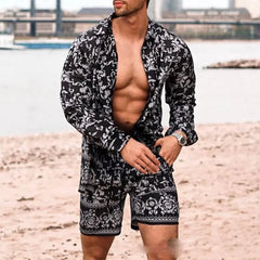 HEARUJOY - Summer Newest Men 2 Piece Suit Clothing Long-sleeved Printed Shirts Top With Casual Shorts Fashion Male Beach Wear Loose Outfit