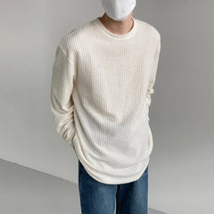 Hearujoy Mens Autumn Winter Personalized Pleated Long-Sleeve T-Shirts Genderless French Casual Loose Round Neck Solid Color Tops Unisex