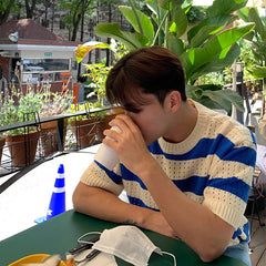 Hearujoy Korean summer Men's Knitting Striped Male T-shirts Men's Round Neck Solid color black blue Casual Short Sleeve Pullover