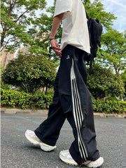 HEARUJOY - Spring Summer Men's Workwear Pants Loose Straight Leg Spor Casual Trousers High Street Trend Tee Stripe Leisure Trousers