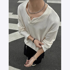 HEARUJOY - Spring Long Sleeved T-shirt Men Oversized Casual V-neck T Shirt Men Streetwear Korean Loose Pleated T Shirt Mens Top M-3XL