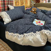 YICKYUE - 3/4Pcs Bedding Set Vintage-Style Small Floral Lace Muslin Double Bed Full-Size Duvet Cover Bed Sheet Pillowcase Four-Season