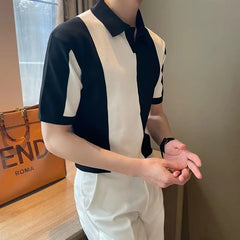 HEARUJOY - Summer Men's Lightweight Short-Sleeve Polo Shirt Simple Color Blocking Knit