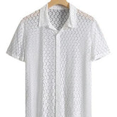 HEARUJOY - Tops Shirt Lace Men Outer Lapel Tops S-2XL Short-Sleeve Shirt Simple White Embroidery Hollow Out Mesh Brand New