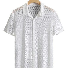 HEARUJOY - Tops Shirt Lace Men Outer Lapel Tops S-2XL Short-Sleeve Shirt Simple White Embroidery Hollow Out Mesh Brand New