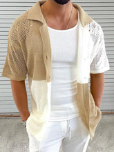 HEARUJOY - Color Blocked Hollow Out Knitting Shirts For Men Summer Thin Short Sleeve Button Cardigan Sweater Fashion Casual Loose Knitwear