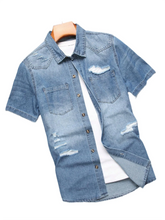 HEARUJOY - Men's summer blue short - sleeved denim shirt with ripped details. The ripped design elements showcase a trendy and casual style